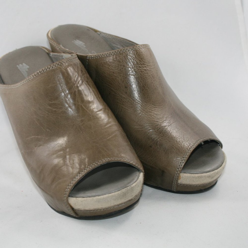 Taupe/Grey Antelope Wedge Mules Sz 40